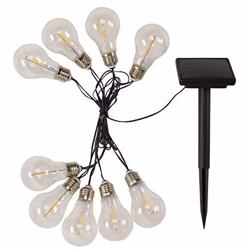 Smart Garden Products Solar Powered Retro LED String Lights with 10 Warm White Transparent Glass Bulbs – 3