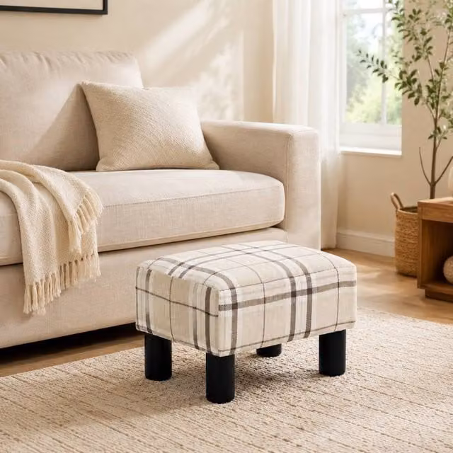 STILVORA Modern Rectangular Footstool with Beige Linen Upholstery and Wood Frame, W/D/H: 40 x 30 x 24 cm – 1