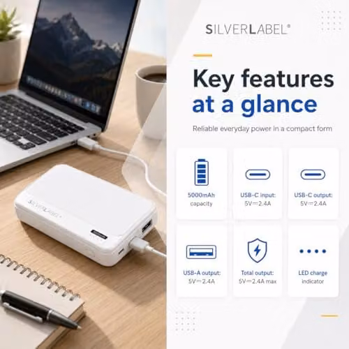 SilverLabel 5,000mAh Portable Power Bank with USB Output, White – 3