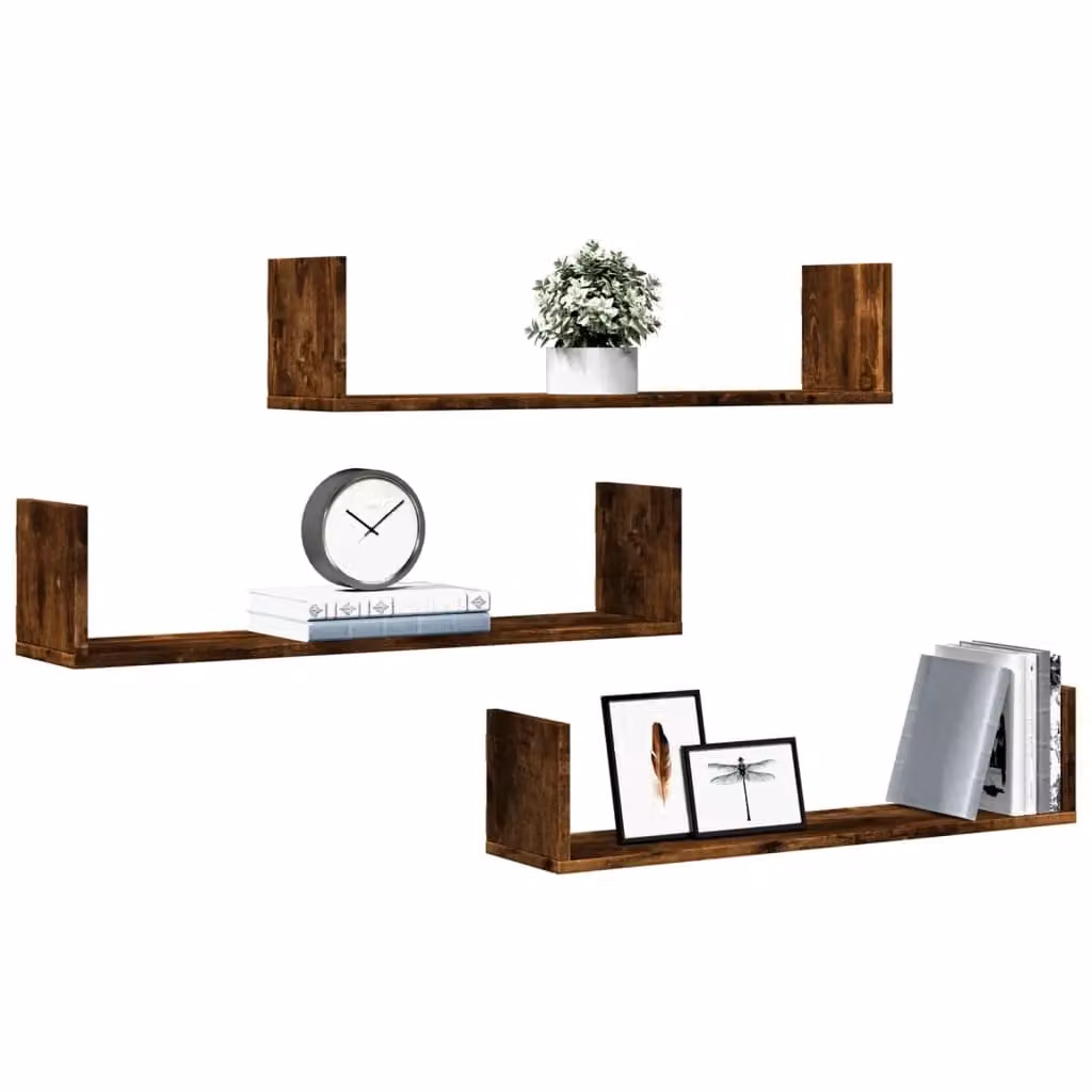 Berkfield Home Set of 3 Smoked Oak Wall Shelves, Brown, W: 80 cm, D: 18 cm, H: 18 cm – 3