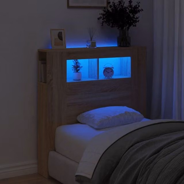 Berkfield Home Sonoma Oak LED Headboard in Brown, W/D/H: 100 x 18.5 x 103.5 cm