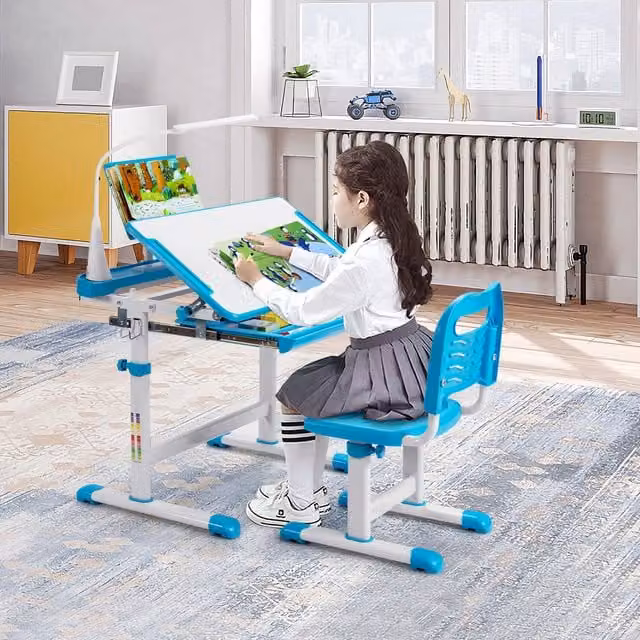 Costway Blue Kids Study Table and Chair Set with Tilting Top and Adjustable Height