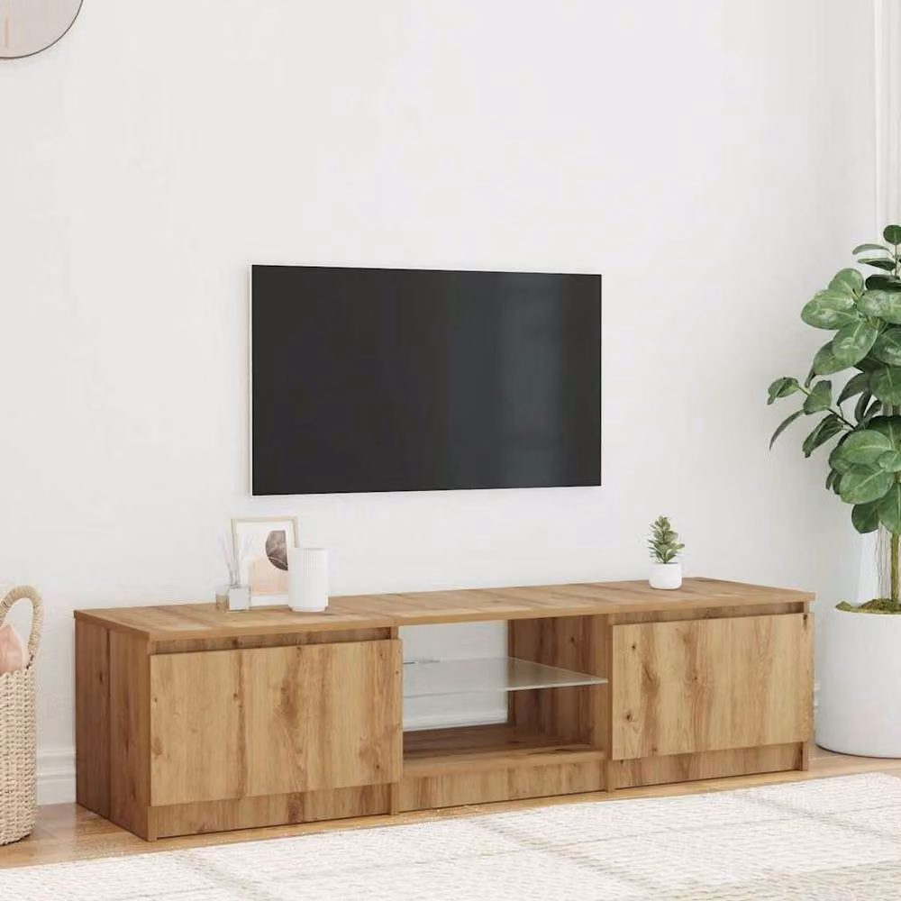 Berkfield Home Modern TV Cabinet with LED Lights in Artisan Oak Brown, W: 140 cm, D: 40 cm, H: 35.5 cm – 2