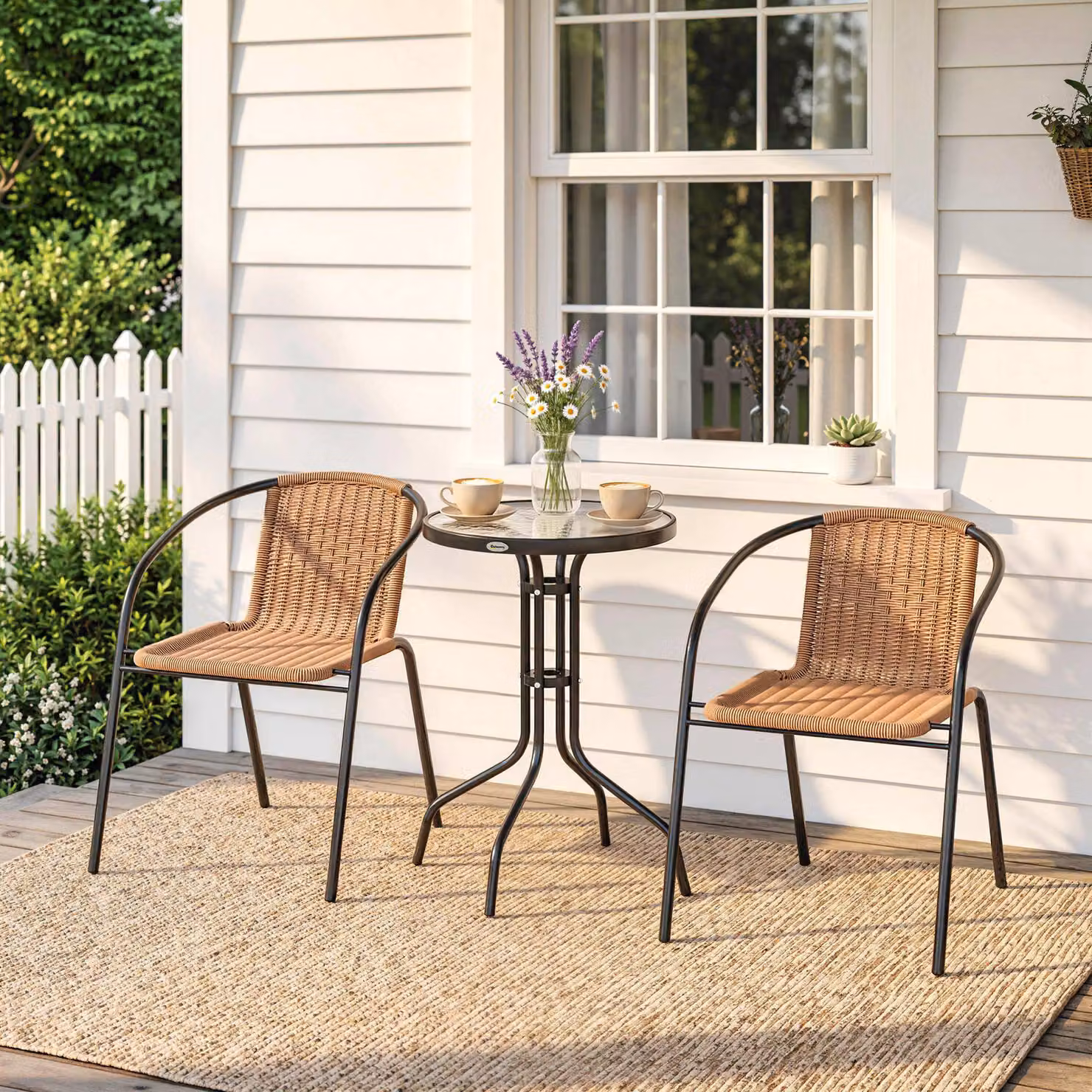 Outsunny 3 Piece Brown Rattan Bistro Set with Round Glass Top Table and Chairs – 2
