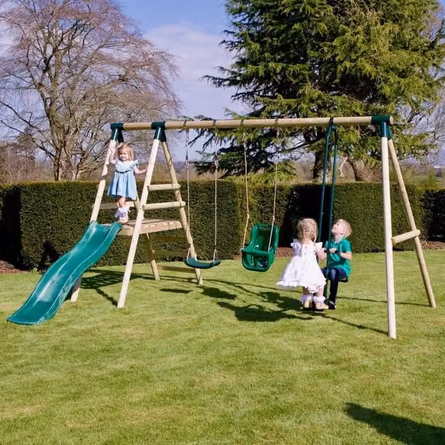 Rebo Green Wooden Swing Set with Slide