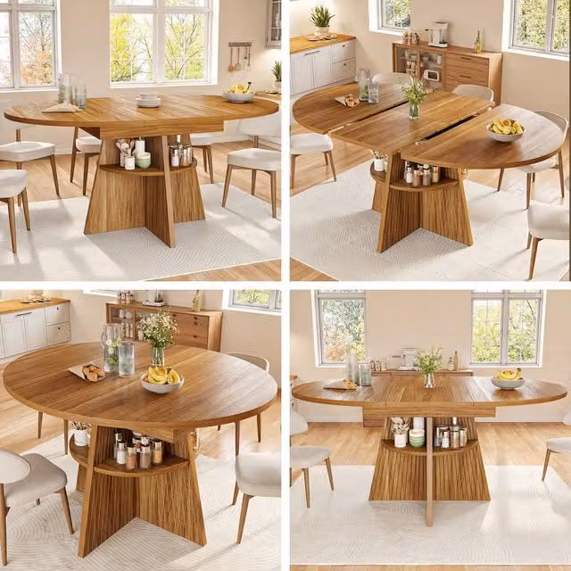 ModernLuxe Extendable Round Dining Table in Beige and Brown, W/D/H: 110-150 x 60 x 76 cm – 1