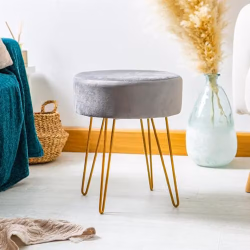 Harbour Housewares Round Velvet Footstool in Grey with Gold Legs, H41 x D45 cm – 3