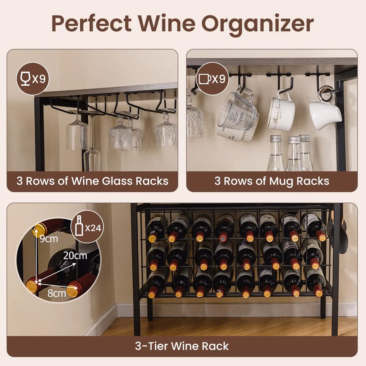 Costway Multi-Tier Wine Organizer Bar and Bakers Rack with Power Outlet in Grey – 4