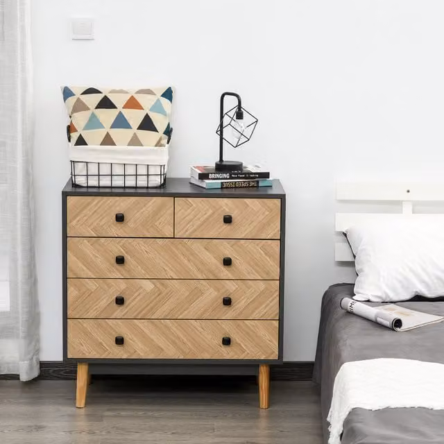 HOMCOM Modern Dark Grey Wooden 5 Drawer Storage Cabinet Chest with Metal Handles