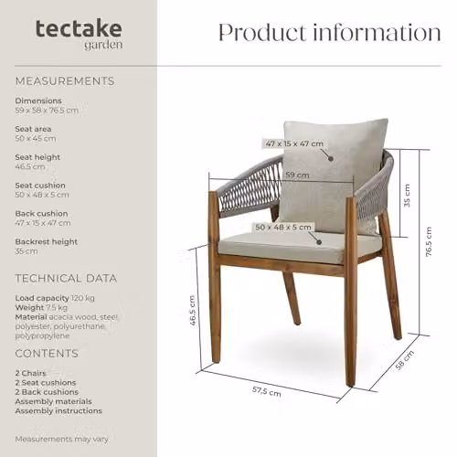 tectake Set of 2 Rustic Acacia Wood Garden Chairs in Brown with Beige Fabric, H 76.5 x W 58.0 x D 59.0 cm – 3