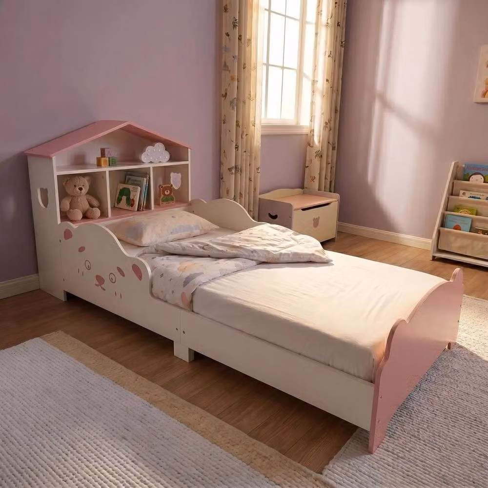 PAWNORA Solid Wood Toddler Bed Frame with House Design and Side Compartments, Pink – 3