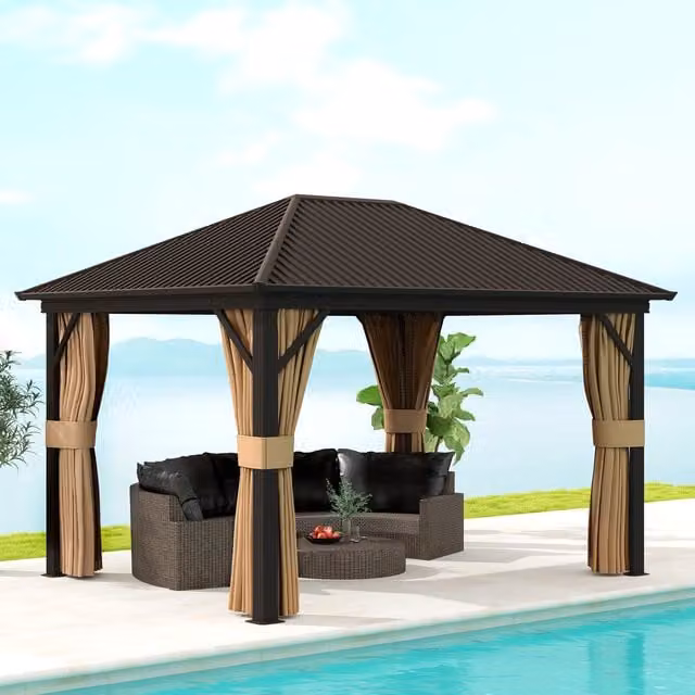 Outsunny Brown Metal and Aluminium Hardtop Outdoor Gazebo W: 360 cm, D: 300 cm