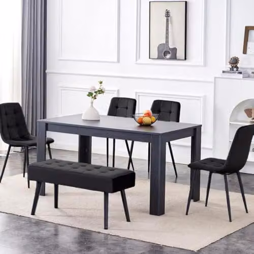 KOSY KOALA Dark Grey and Black Arrow Design Dining Table Set with Velvet Chairs and Bench