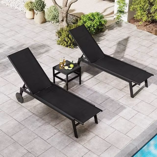 Costway Set of 2 Black Outdoor Patio Sun Lounger Recliner Chairs with Wheels and Adjustable Headrests – 1