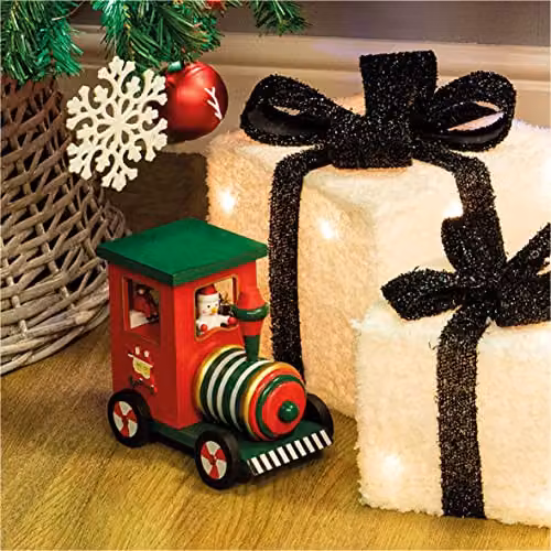St Helens Home & Garden Mechanical Wooden Train Music Box in Multicolour Red and Green – 4