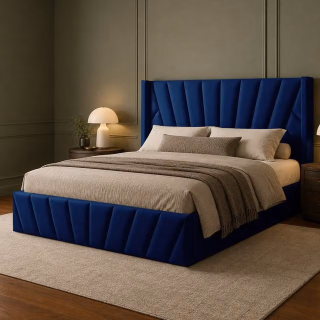 Novada Wingback Bed Frame in Blue Velvet, Single, W/D/H: 90 x 190 cm