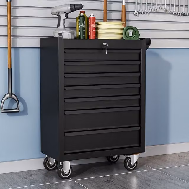 Livingandhome 7 Drawer Lockable Steel Tool Storage Cabinet Trolley in Black
