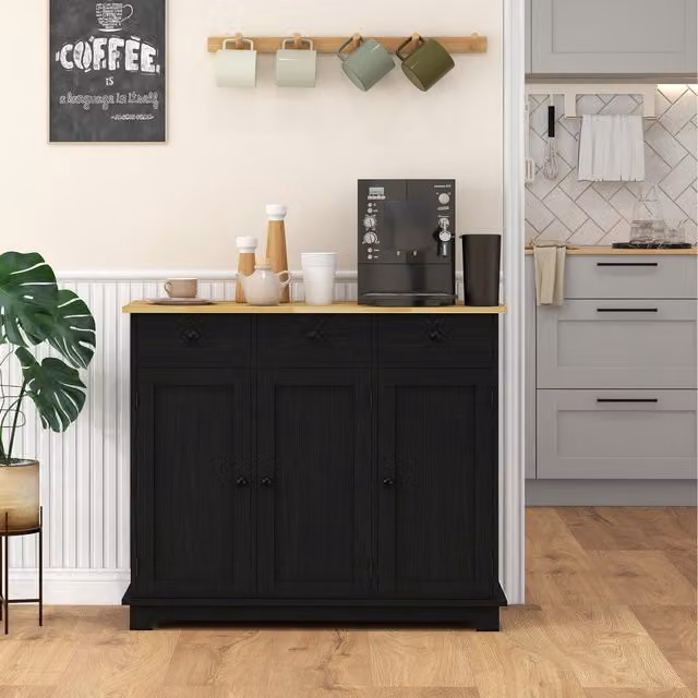 HOMCOM Black Wood-Effect Rubberwood Top Sideboard and Buffet Cabinet with Storage Cabinets