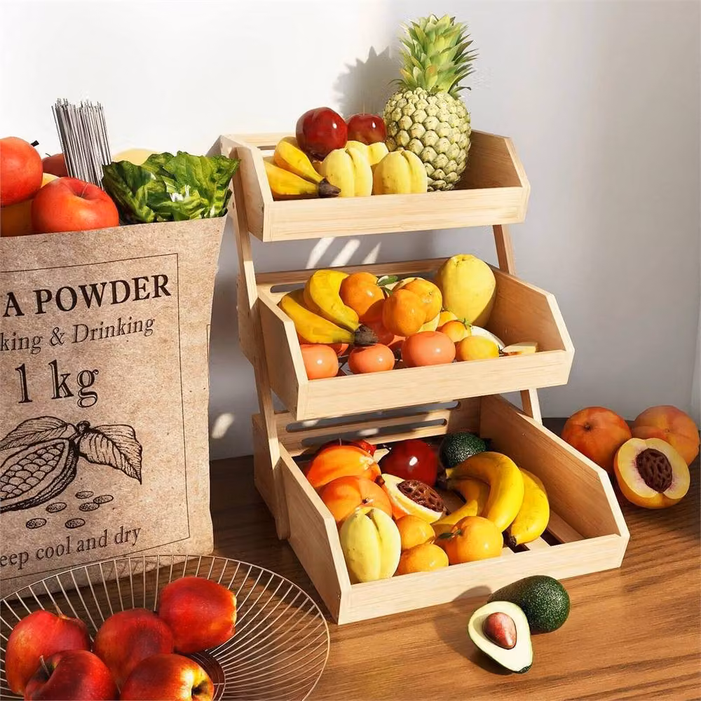 Nordara 3 Tier Bamboo Fruit Rack and Vegetable Basket Wooden Storage Stand in Brown – 3