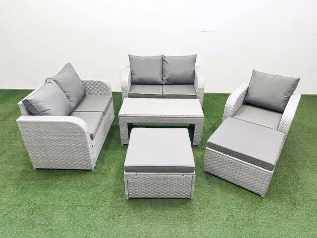 Fimous Poly Rattan Garden Furniture Set in Light Grey with Reclining Chair, Loveseat Sofa, Oblong Coffee Table and Two Ottomans