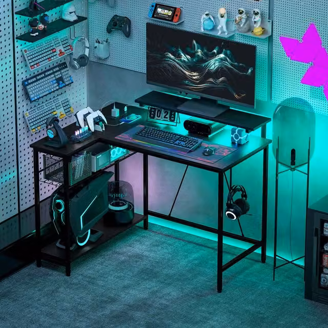HOMCOM L Shaped Corner Desk with LED Lights and Storage in Black