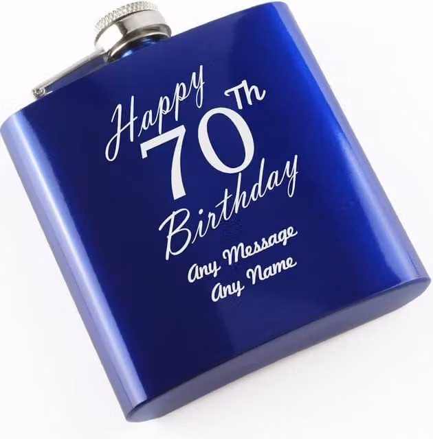 Uniqueful Personalised Engraved Blue Stainless Steel 6oz Hip Flask for 70th Birthday