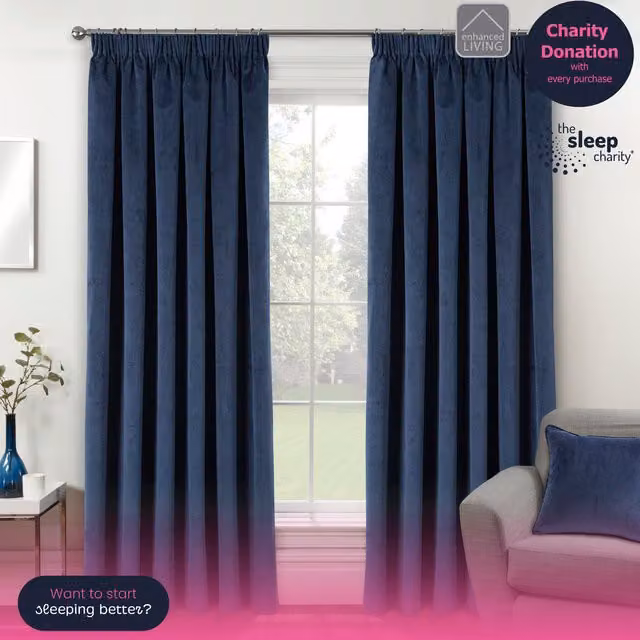 Enhanced Living Oxford Navy Blue Blackout Velvet Thermal Insulating Pencil Pleat Tape Top Curtains, Width: 168 cm, Height: 183 cm