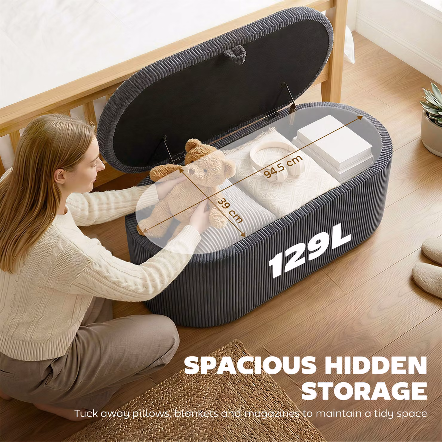 HOMCOM Corduroy Upholstered Storage Ottoman with Padded Seat, Grey, W: 105 cm, D: 51 cm, H: 49 cm – 4