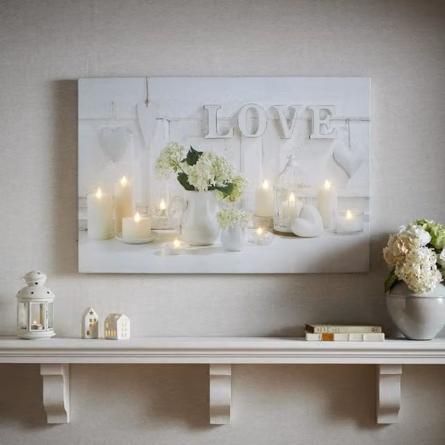 Art for the Home Hearts and Love LED Printed Typography Canvas in White and Green