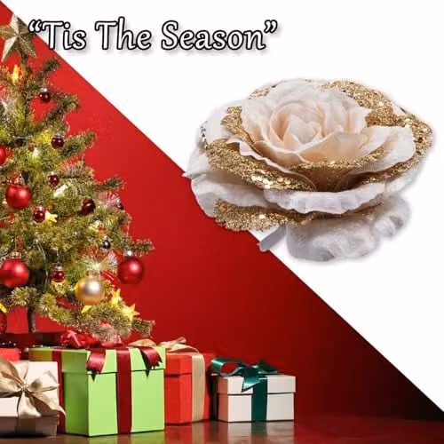 VFM e-Store Rose Head with Clip Decoration, Gold and Multicolour Floral Christmas Ornament, H 15 cm x W 8 cm – 5