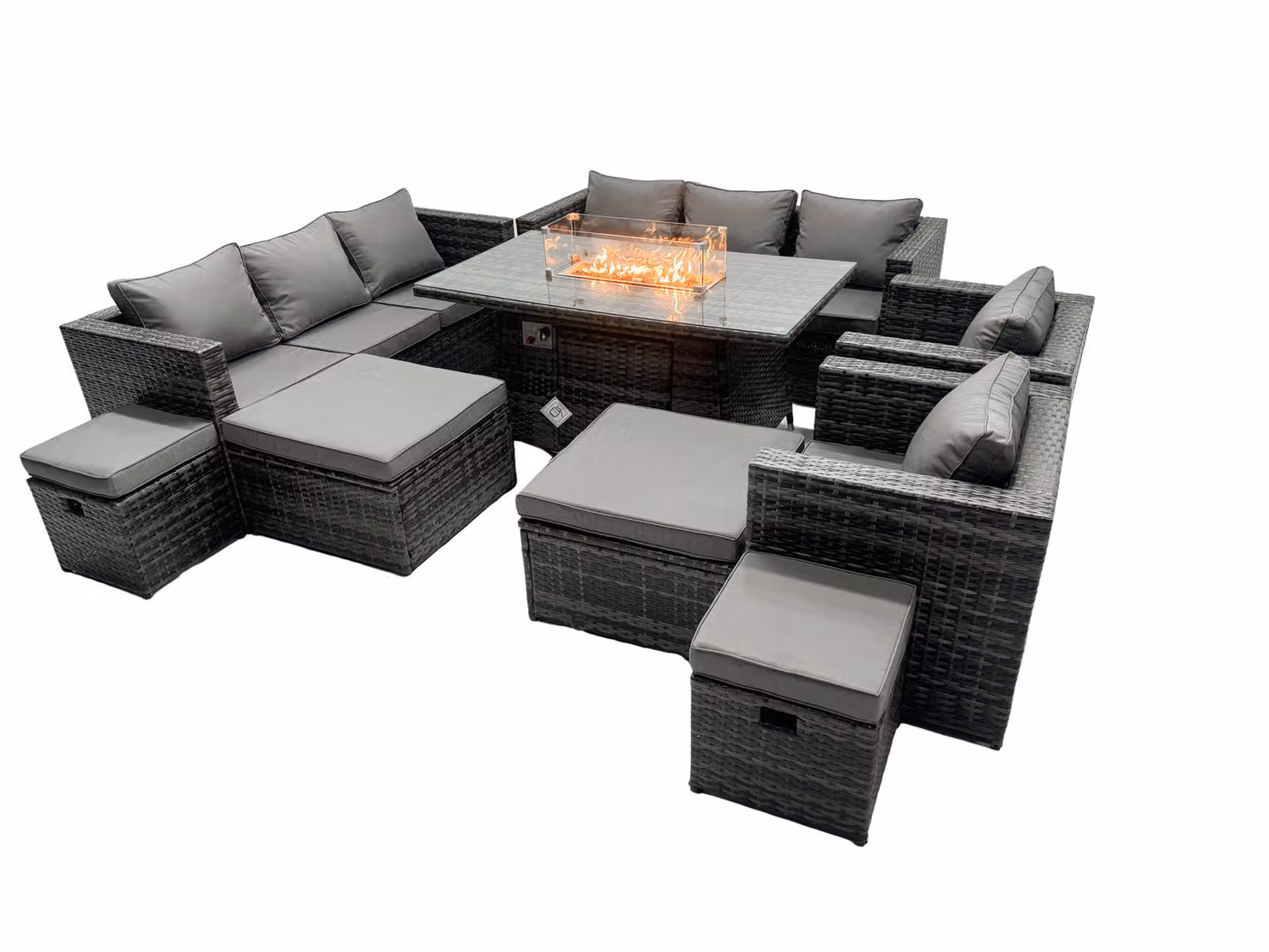 Fimous 12 Seater Rattan Garden Furniture Firepit Dining Set with Lounge Sofa, Table and 2 Footstools in Dark Grey – 2