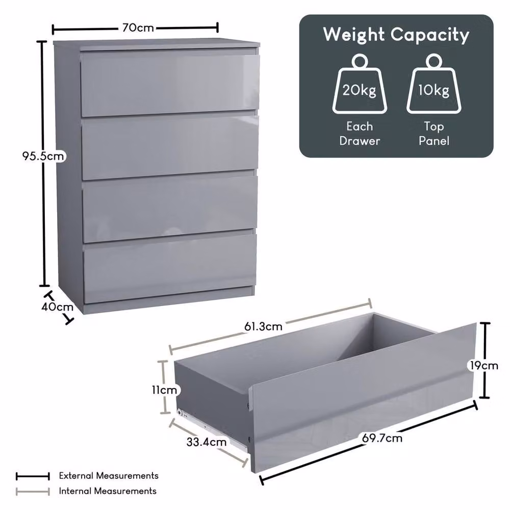 Kelvenix Grey Modern Gloss 4 Drawer Bedside Chest of Drawers – 2