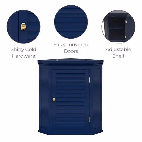 Teamson Home Glancy Wall Mounted Corner Cabinet with Faux Louvered Hinged Doors, Blue, H: 61.0 cm, W: 38.1 cm, D: 38.1 cm – 2