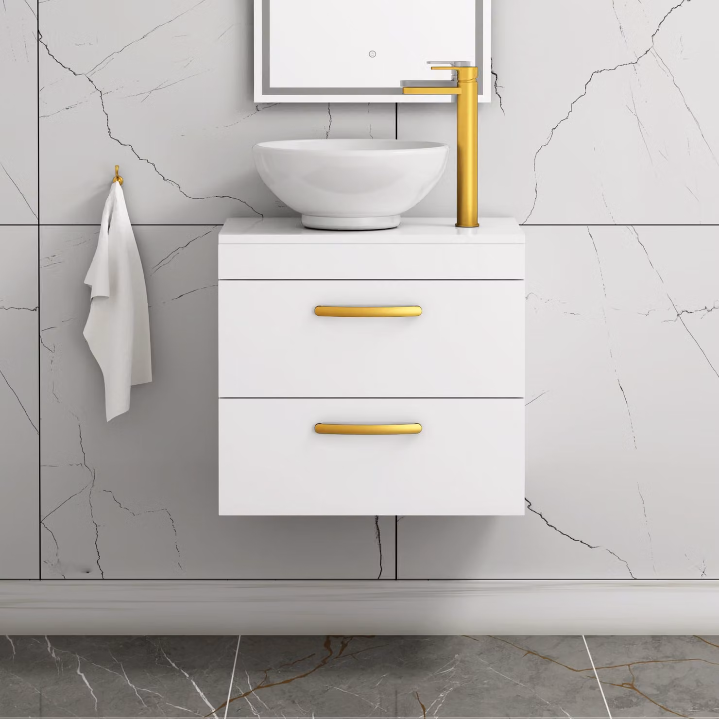 Royal Bathrooms Gloss White 600mm Wall Hung 2 Drawer Vanity Unit with Breeze Countertop Basin and Brushed Brass Handle