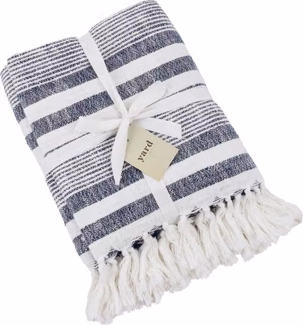 Neela Striped Fringed Throw in Natural, Blue and White