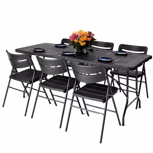 Novecrafto 6ft Folding Table and 6 Folding Chairs Set in Black with Wood Grain Pattern and Steel Frames – 7