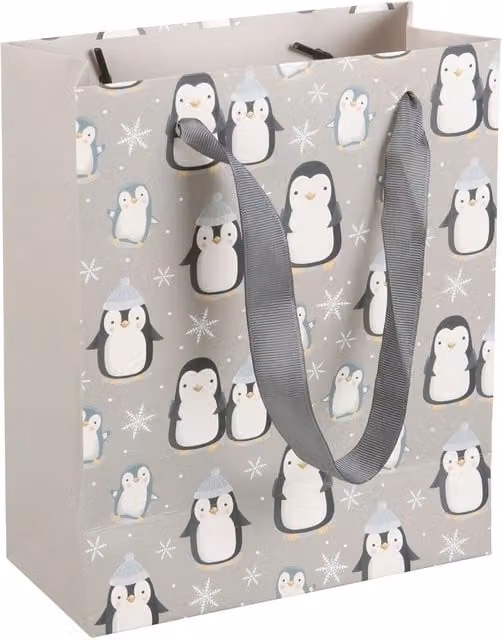 Kingsbury Gifts Winter Penguin Paper Gift Bag in Grey, Medium