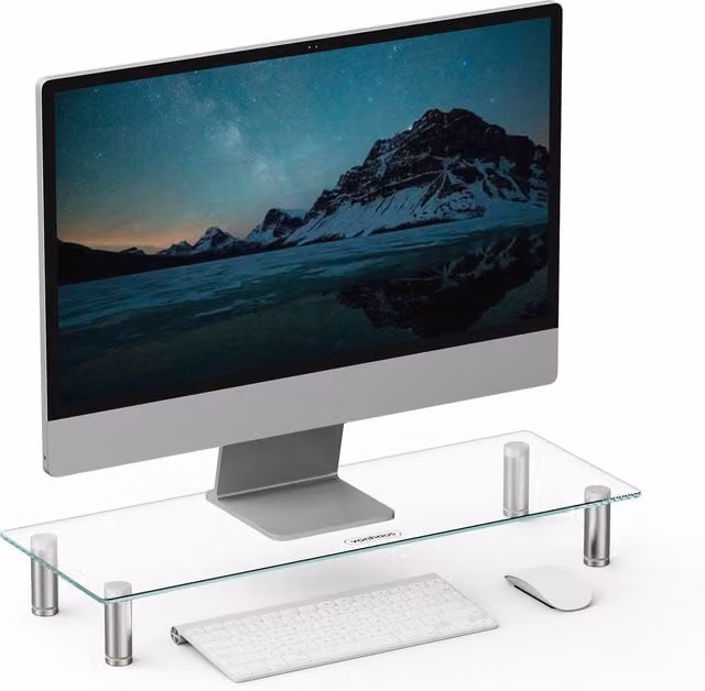 VonHaus Height Adjustable Glass Monitor Stand with Aluminium Legs, Clear, Height: 21 cm