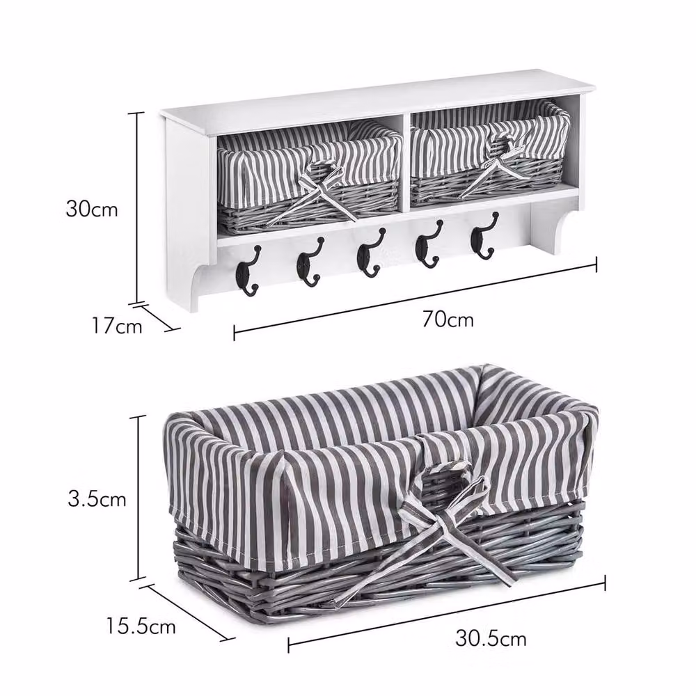 NESTLUNE White Wall Mounted Coat Rack Shelf with Wicker Rattan Baskets, W/D/H: 100 x 100 x 100 cm – 2
