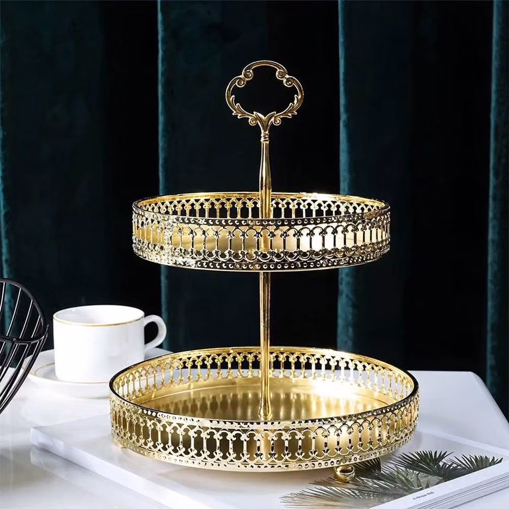 NESTLUNE Double Layer Striped 2 Tier Cake Stand Tray in Gold, W/D/H: 100 x 15 x 15 cm – 2
