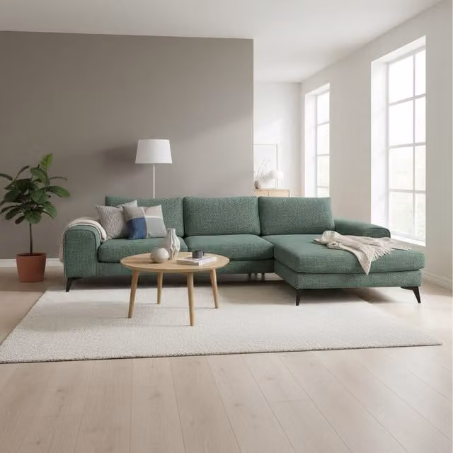 Abakus Direct Venice Chenille L-Shape Corner Sofa in Green with Deep Seats and Extra-wide Padded Arms, Right-hand Facing