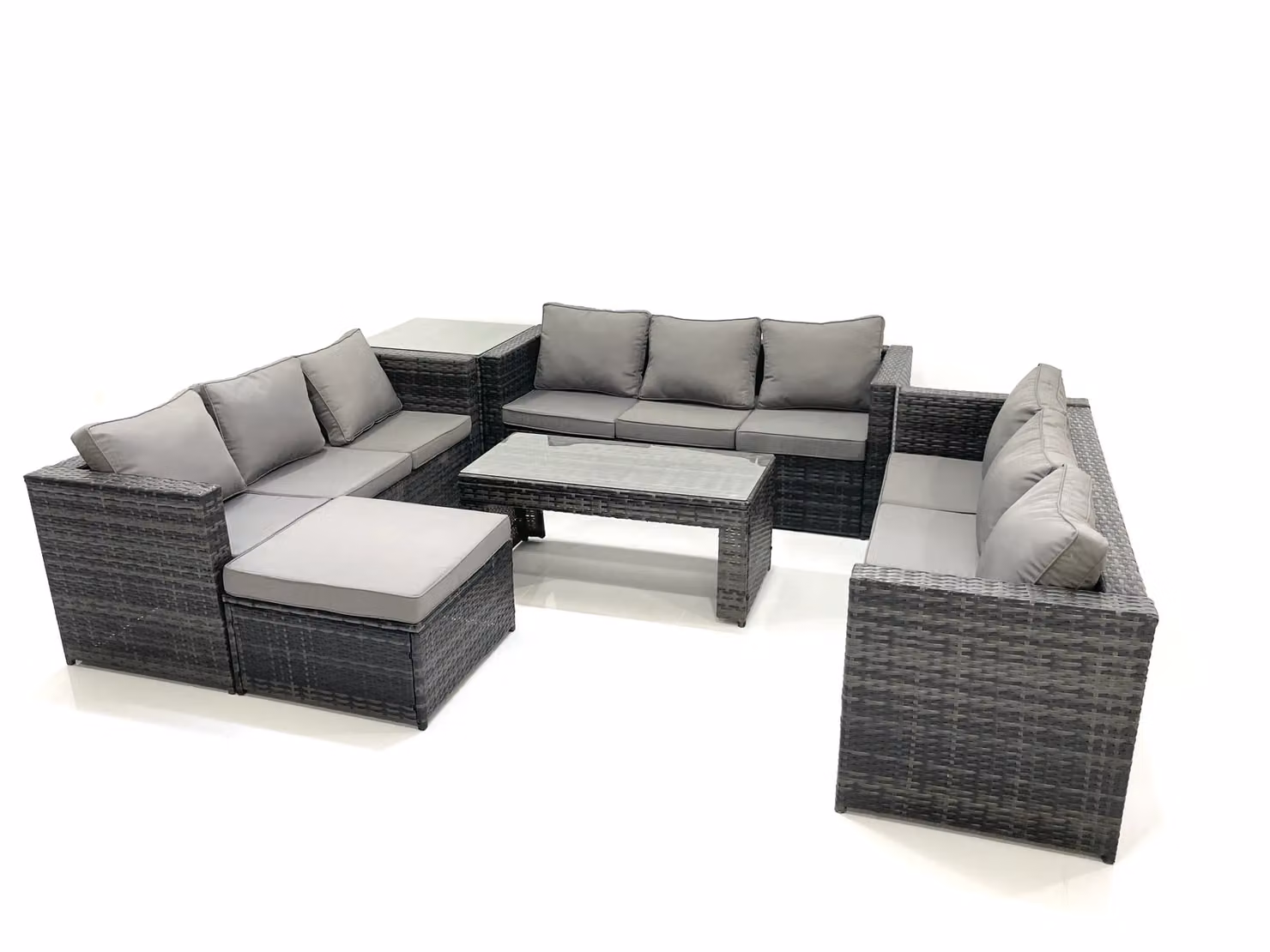 Fimous 10 Seater Rattan Garden Furniture Set in Dark Grey with Coffee Table, Ottoman and Side Table – 2