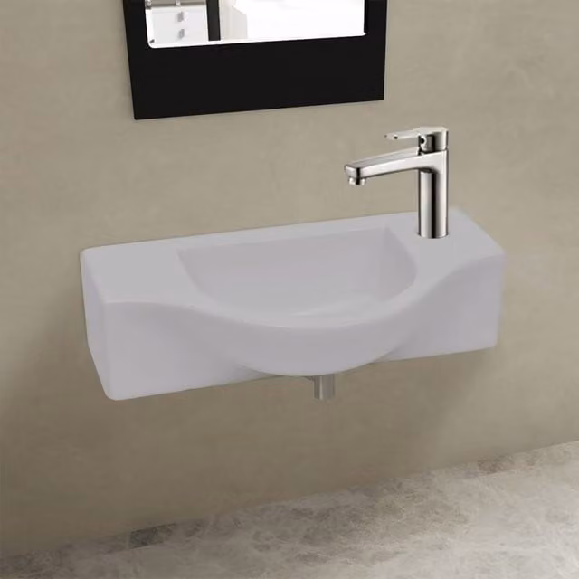 Berkfield Home White Ceramic Wall Mounted Bathroom Sink Basin with Faucet Hole – 1