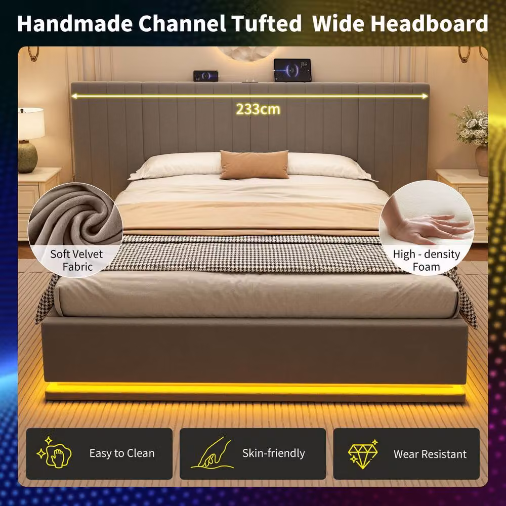 Matteo King Ottoman Storage Bed Frame in Grey Velvet with LED Lighting and USB Charging Station, W: 180 cm x D: 200 cm – 3