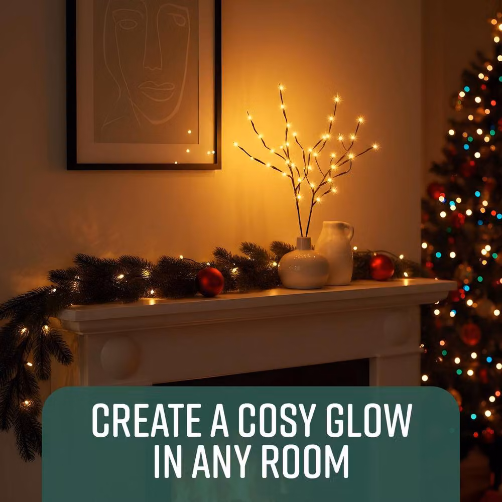 Globrite 2 Pack Brown LED Twig Branch Lights with 20 Warm White LEDs, Battery Powered Decorative Branches for Christmas and Autumn Indoor Décor – 7