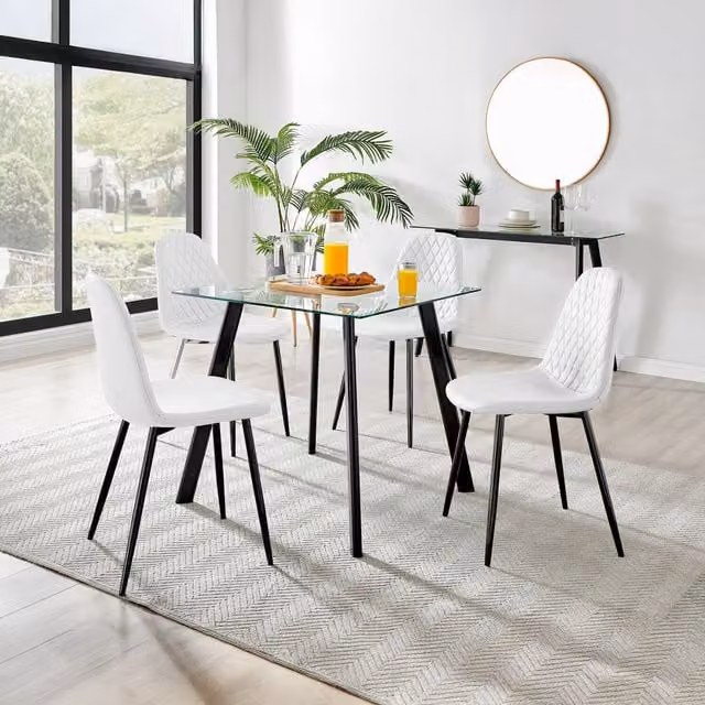 FurnitureboxUK Seattle Square Glass Dining Table and 4 Corona Black Leg Chairs in White