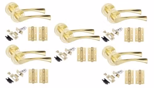 Golden Grace Astrid Door Handles, Latch and Hinges Set in Satin Brass, 5 Sets
