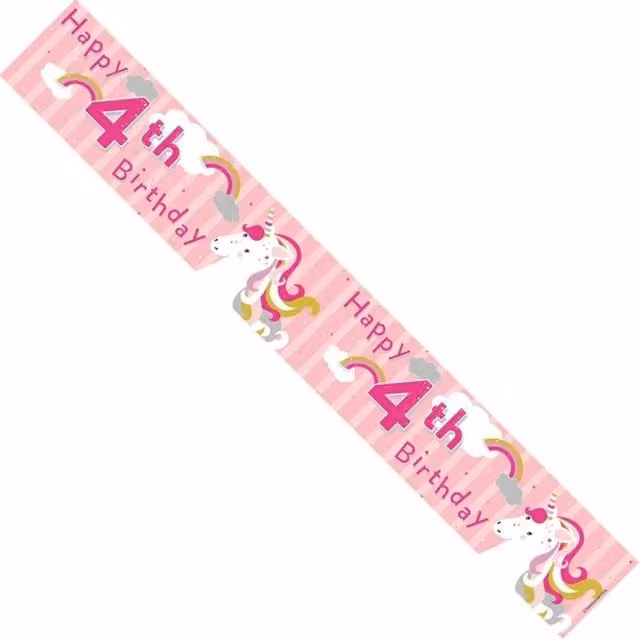 KDMD Happy 4th Birthday Unicorn Banner Pack of 12 in Pink