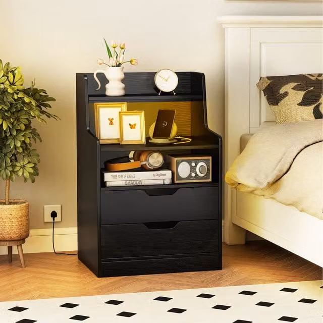 COSTWAY Modern Black LED Nightstand with Integrated Lighting and Charging Station