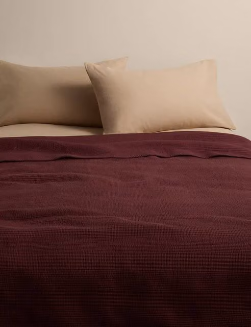 M&S Cotton Rich Ribbed Bedspread in Burgundy Linen Blend